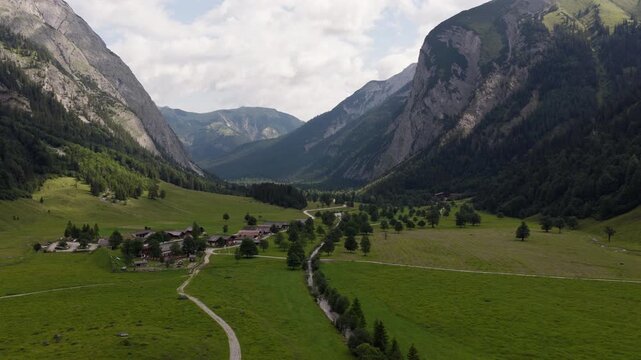 Aerial view of Eng Alm village surrounded by the Karwendel Mountains in Tyrol, Austria