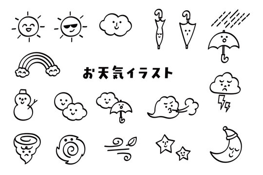 お天気の手描きのかわいい顔つき落書き風イラストセット