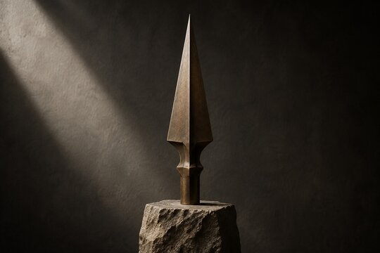 Geometric bronze spearhead sculpture mounted on rough stone plinth.