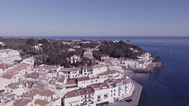 Aerial views of a small Spanish coastal town in the north eastern territory of Catalonia. Cadaques, Spain