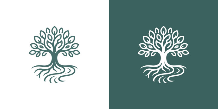 Elegant tree logo with intricate roots and leaves, symbolizing nature, growth, and sustainability