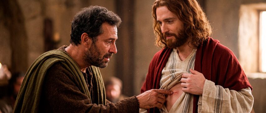 Thomas the apostle touching the side wound of Jesus Christ. Biblical scene representing faith and the challenge of doubt. Disciples encounter after resurrection in ancient Israel history.