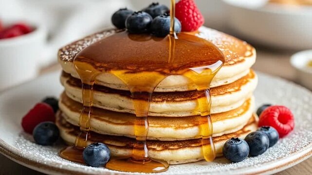 A stack of golden pancakes topped with fresh berries and syrup