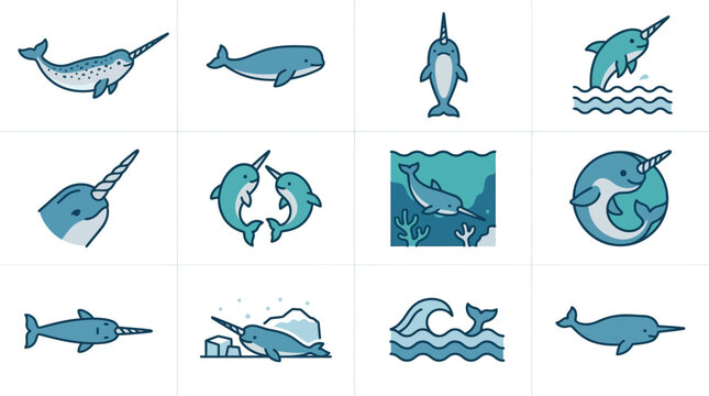 Cute Narwhal Icons Set, Pixel Art Ocean Mammal Illustrations