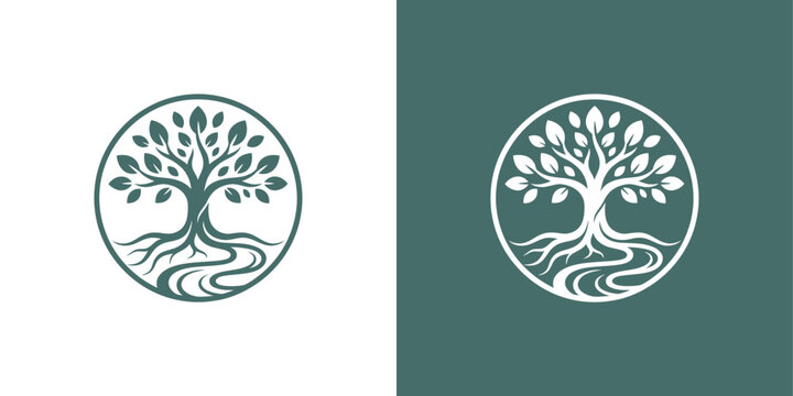 Minimalist tree of life logo design with intricate roots and leaves inside a circle on split backgrounds
