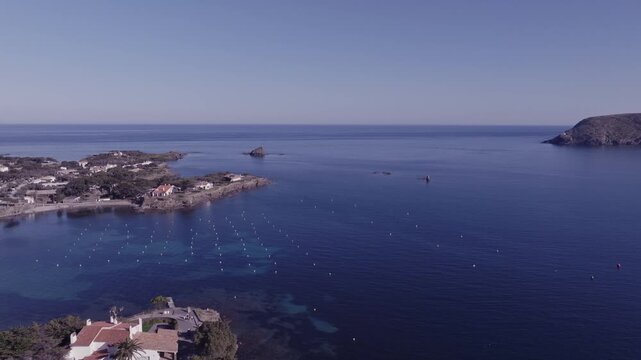 Aerial views of a small Spanish coastal town in the north eastern territory of Catalonia. Cadaques, Spain