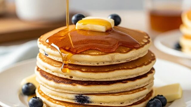 A stack of golden pancakes topped with melting butter and fresh blueberries