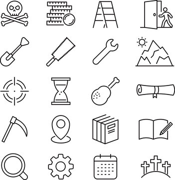 ベクターでモノクロのTRPGに関する線画アイコンセット３
