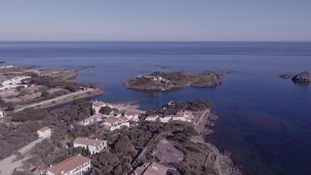 Aerial views of a small Spanish coastal town in the north eastern territory of Catalonia. Cadaques, Spain