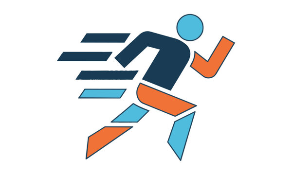 Abstract pictogram of a human figure in a dynamic sprint pose showing swift motion with clean geometric lines on a solid white background, minimal design concept