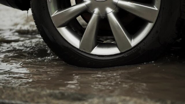 Close-up view of a vehicle tire surrounded by rainwater on a city street. The wet pavement, reflections, and water details capture rainy weather conditions, urban transportation, road textures.