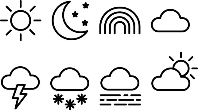Weather Outline Icons Set &ndash; Sun, Moon, Rainbow, Cloud, Thunderstorm, Snow, Fog and Partly Cloudy Line Symbols