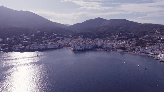 Aerial views of a small Spanish coastal town in the north eastern territory of Catalonia. Cadaques, Spain