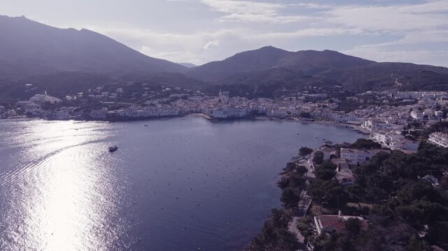 Aerial views of a small Spanish coastal town in the north eastern territory of Catalonia. Cadaques, Spain