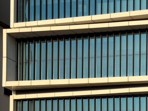 Modern glass facade with geometric lines on office building