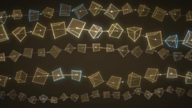 Blockchain cubes glowing wireframe blocks linked in a digital data network seamless loop in calm gold tones