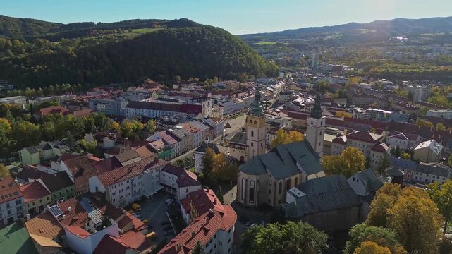 Aerial drone view of Banska Bystrica SNP Square, Slovakia