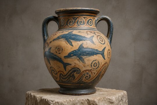 Minoan terracotta amphora with painted dolphins on stone pedestal.