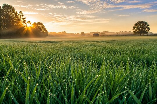 Kentucky bluegrass field at dawn with dew drops reflecting blue-green light.