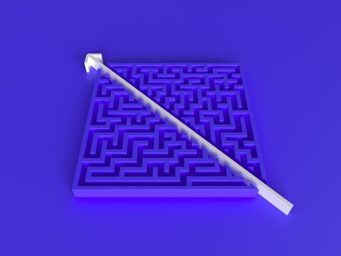Maze solution with arrow path on blue background