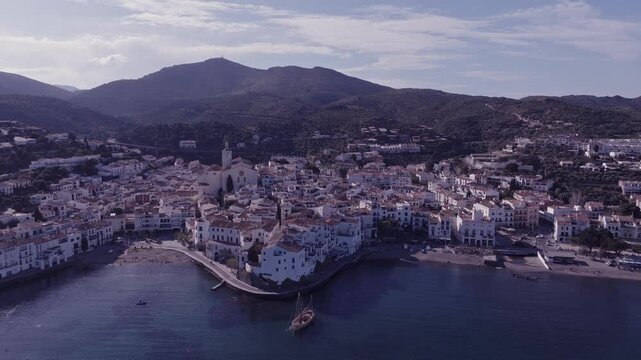 Aerial views of a small Spanish coastal town in the north eastern territory of Catalonia. Cadaques, Spain
