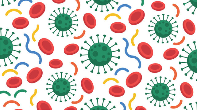 Seamless Virus and Red Blood Cell Pattern Vector Illustration for Medical, Healthcare, Microbiology, Infection, and Disease Background Design