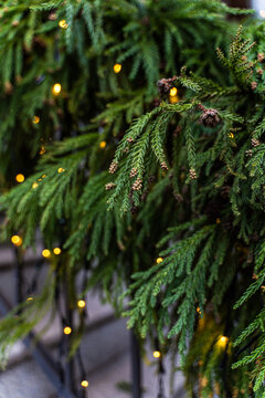 Christmas house decoration with evergreen and warm lights