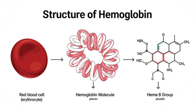 Structure of Hemoglobin Vector Illustration Showing Red Blood Cell, Hemoglobin Protein, Heme B Group, and Oxygen Transport Molecular Biology Diagram