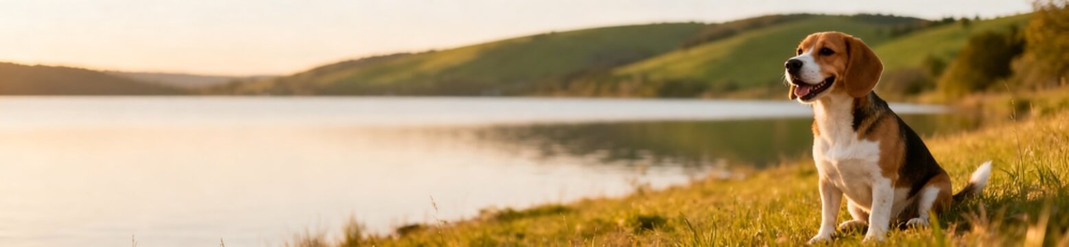 Beagle dog on lakeside meadow. Wide panoramic web banner with copy space. Pet care website header background