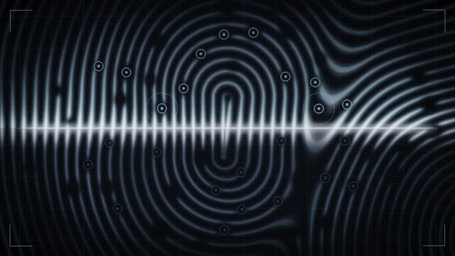 Biometric fingerprint scan with sweeping light line and recognition markers seamless loop in rich azure tones