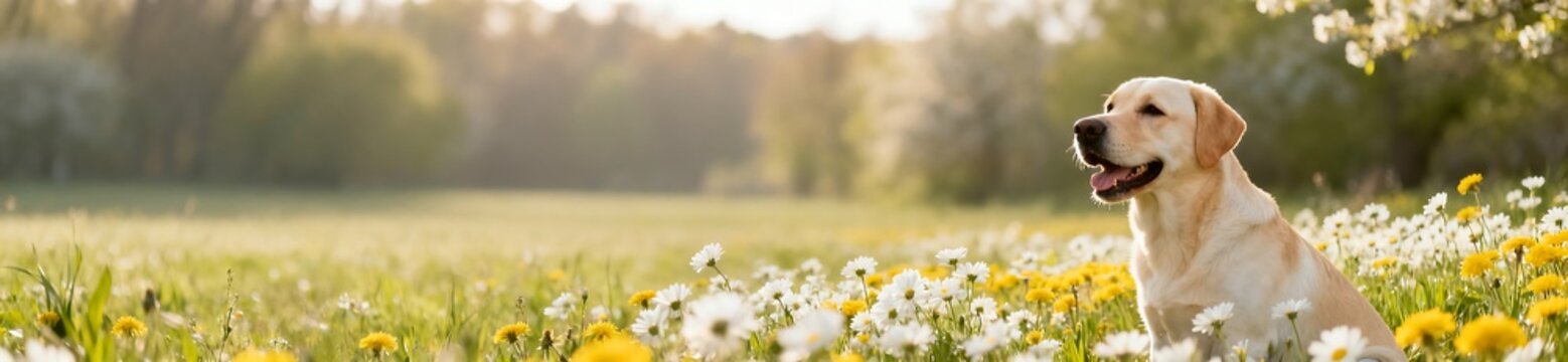 Yellow labrador retriever in spring flower meadow. Wide panoramic web banner with copy space. Pet care website header background