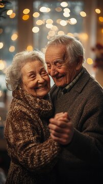 A smiling elderly couple dances closely together, their hands clasped, in a softly lit room with bokeh lights. AI.