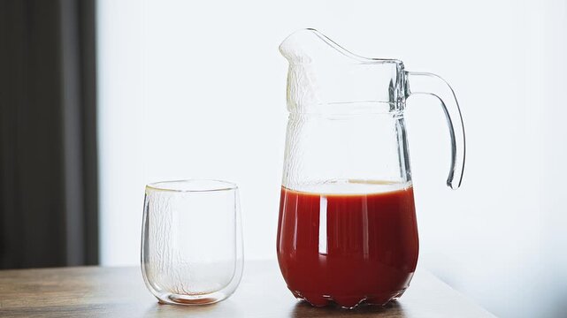 A simple kitchen scene featuring freshly prepared tomato juice ready to serve. Vibrant red drink, wooden surface, and soft daylight create a natural food lifestyle image representing healthy choices.