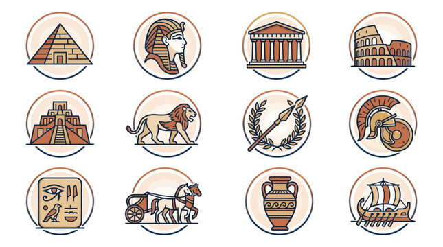 Ancient Civilizations Pixel Art Icons: Egypt, Rome, Greece