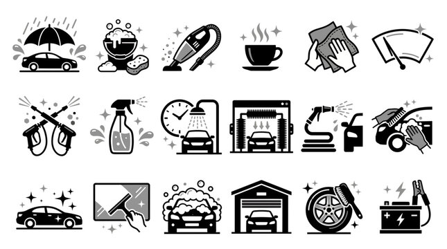 Collection of black car wash and professional auto detailing service icons featuring cleaning equipment pressure washers and tools, illustrating maintenance facilities, provides branding