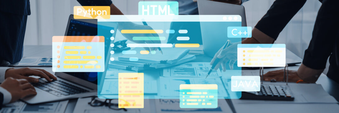 A vibrant and modern workspace scene showcasing hands of professionals collaborating on coding projects, highlighting various programming languages and technologies. Trope