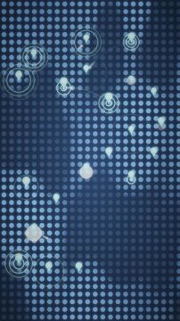 Abstract Dotted World Map with Dropping Location Pins and Pulsing Radar Rings, Global Network Business Background, seamless loop in deep navy tones vertical 9:16