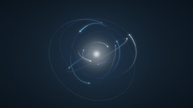 Glowing Particles Orbiting Concentric Rings Around an Atomic Nucleus seamless loop in soft cyan tones