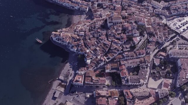 Aerial views of a small Spanish coastal town in the north eastern territory of Catalonia. Cadaques, Spain