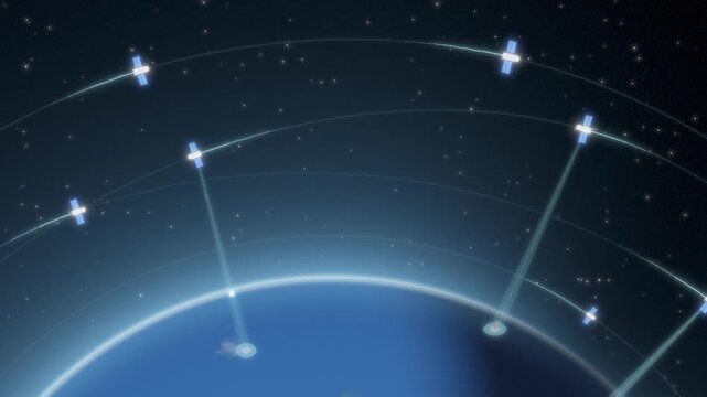 Satellites orbiting Earth with signal beams and orbital trails seamless loop in deep azure tones