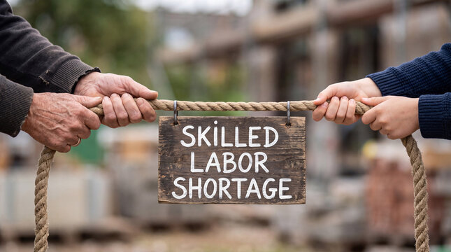 Old and young hands holding skilled labor shortage sign.
