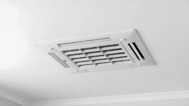 Modern white square ceiling cassette air conditioning unit installed inside a contemporary indoor room to provide efficient cooling and heating for residential and commercial office building spaces