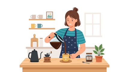 Fototapeta premium Woman pouring coffee into a cup, morning kitchen scene