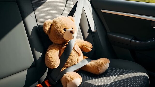 A cute fluffy brown teddy bear sitting securely in the back seat of a modern vehicle while being safely buckled up with a black fabric seat belt
