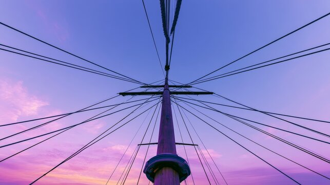 Traditional wooden gulet mast with ropes rigging silhouetted against twilight sunset sky, creating peaceful maritime sailing atmosphere for travel, navigation, adventure nautical lifestyle concepts