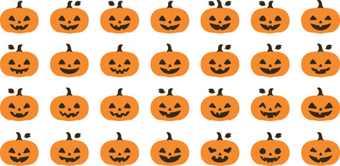 Fototapeta premium Halloween Pumpkin Seamless Pattern Background with Cute and Scary Jack O Lantern Faces, Orange Autumn Holiday Symbols and Cartoon Vector Illustration for Spooky October Celebration Decoration Design.