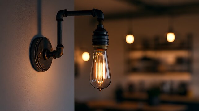 Industrial style wall sconce lamp with vintage edison bulb in dim cozy interior.