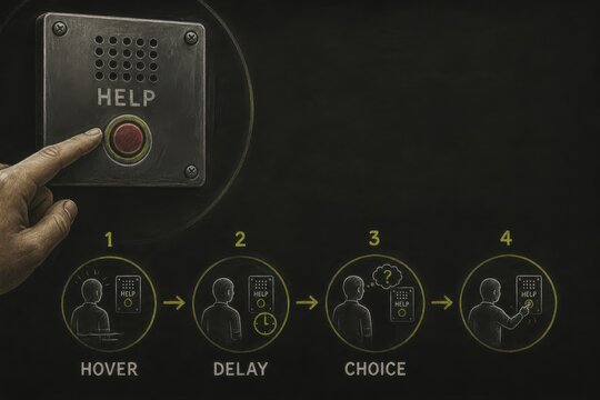 Help button concept with hand and emergency choice diagram