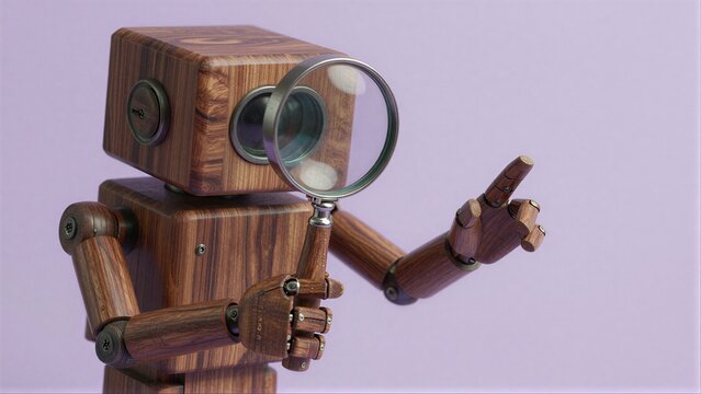 Wooden robot holds magnifying glass, pointing thoughtfully against soft purple background.