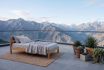 Fototapeta premium Minimalist daybed on rooftop terrace with mountain view